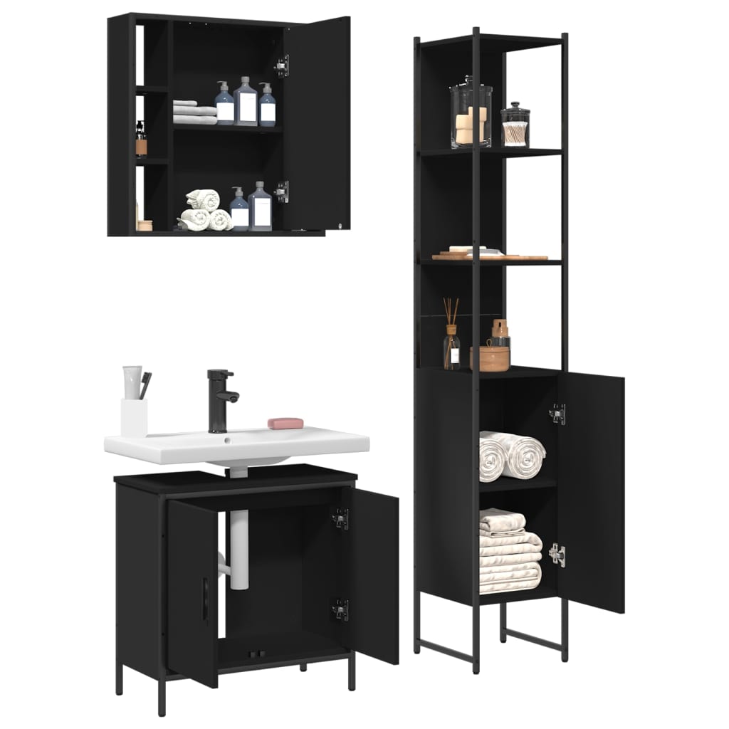 vidaXL 3 Piece Bathroom Cabinet Set Black Engineered Wood
